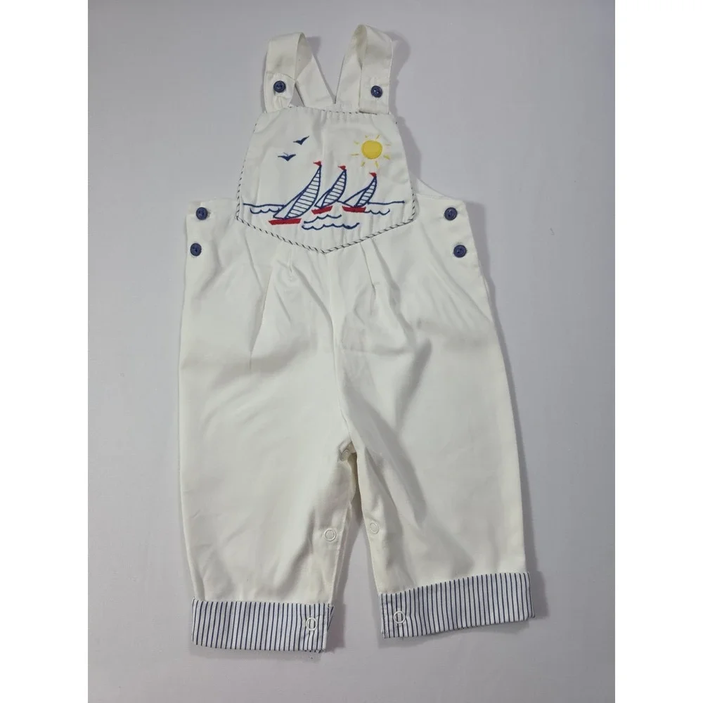 Vintage 1990s Baby Sailboat Nautical Overalls Romper 6-9M White